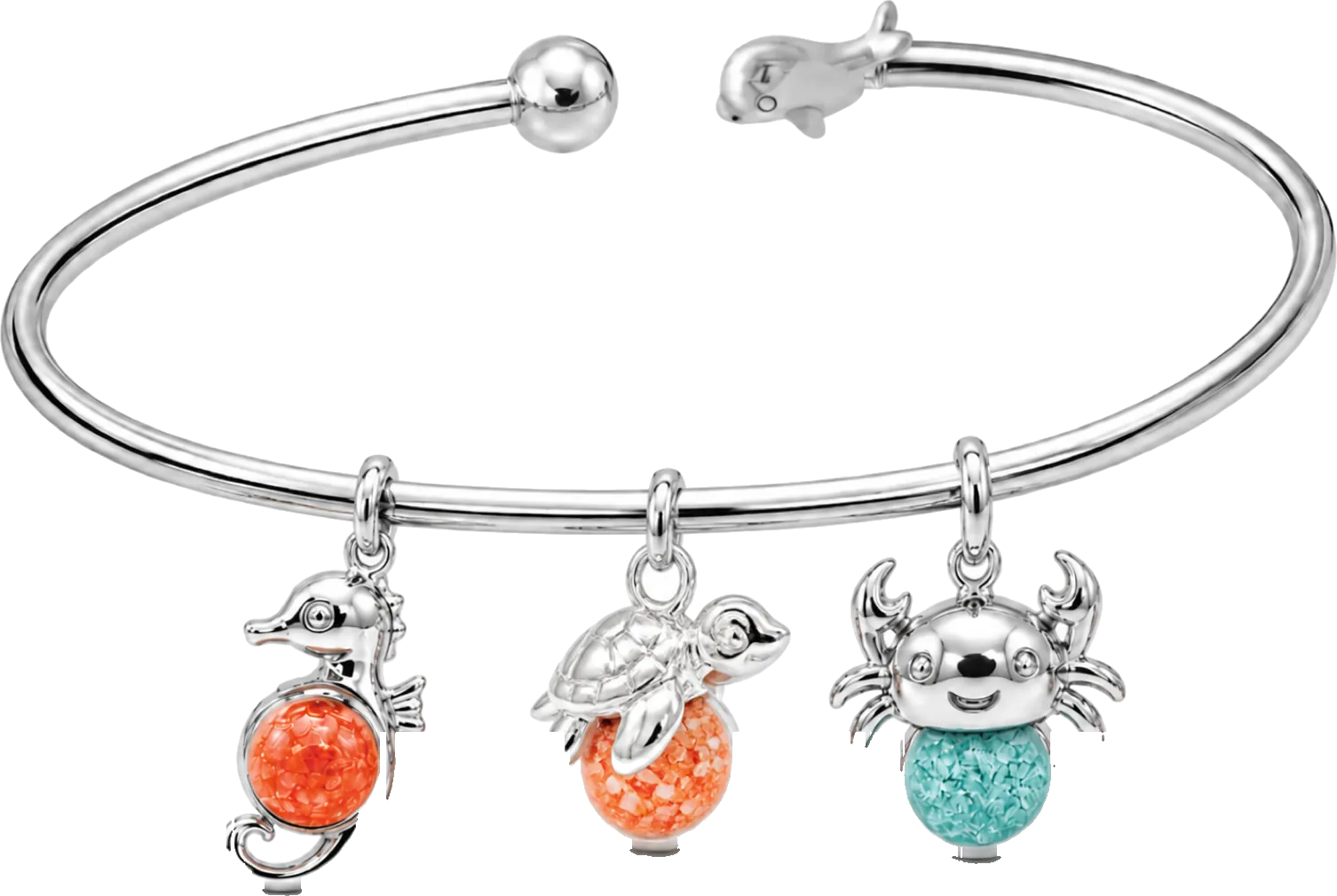 Sea Soul bangle with seahorse, turtle and crab charms holding MyraGem spheres