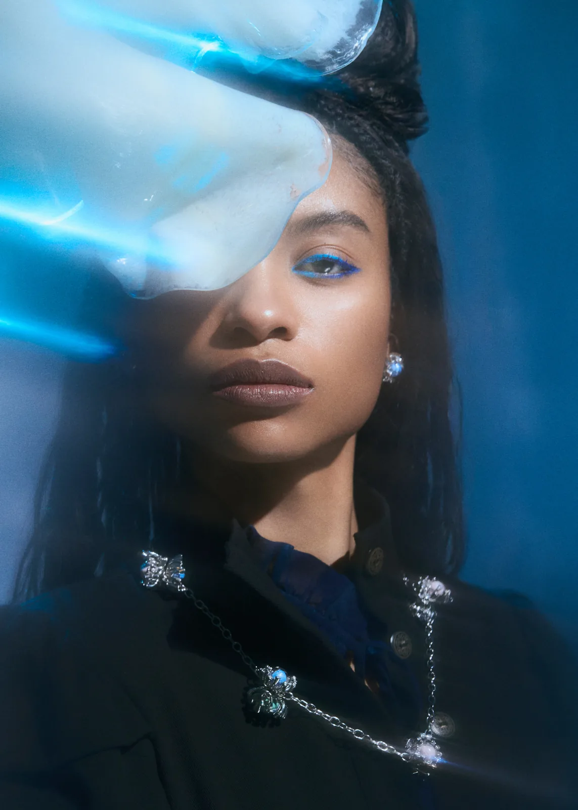 Close portrait from the editorial with AVALON jewelry