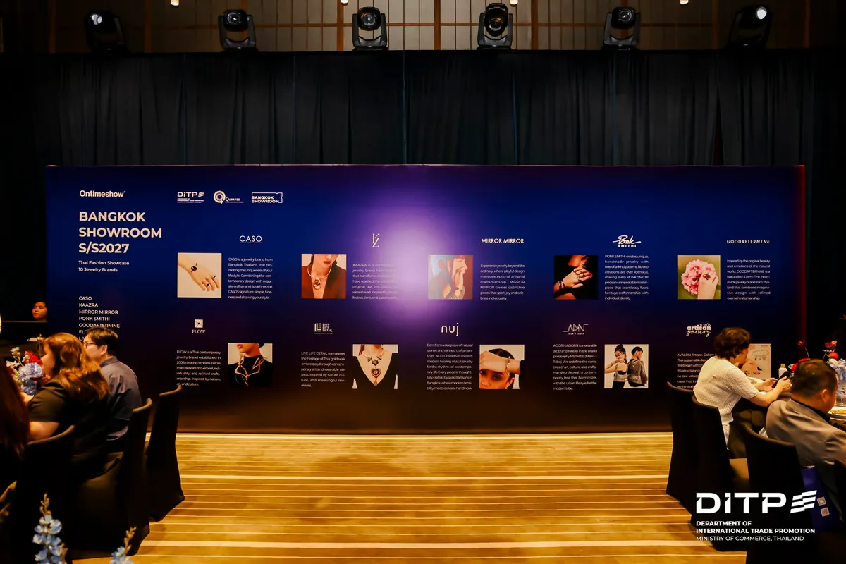 Wide view of the Bangkok Showroom S/S2027 wall in the dining hall